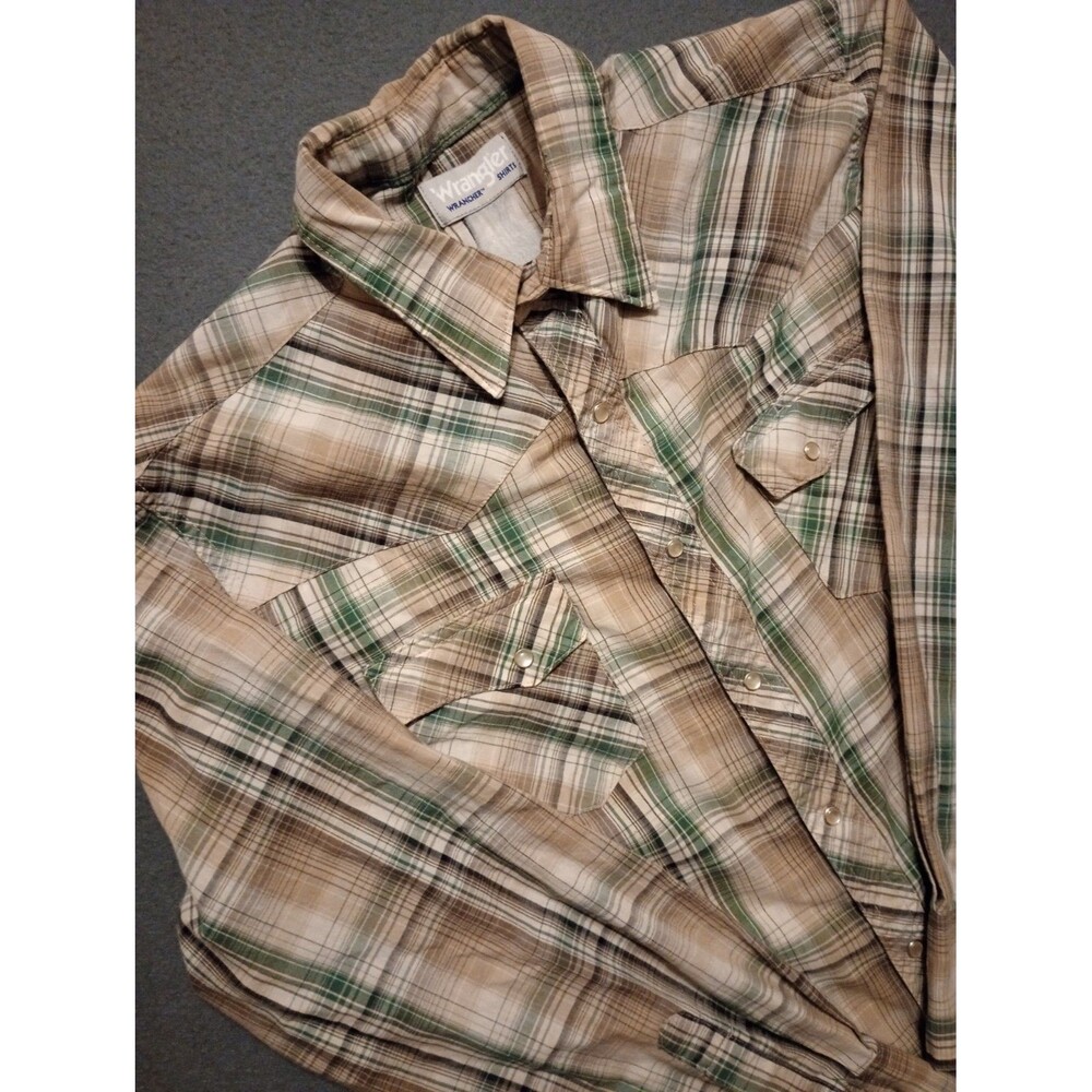 Vintage Wrangler Pearl Snap Plaid Western Long Sleeve Shirt Size Med Green Plaid